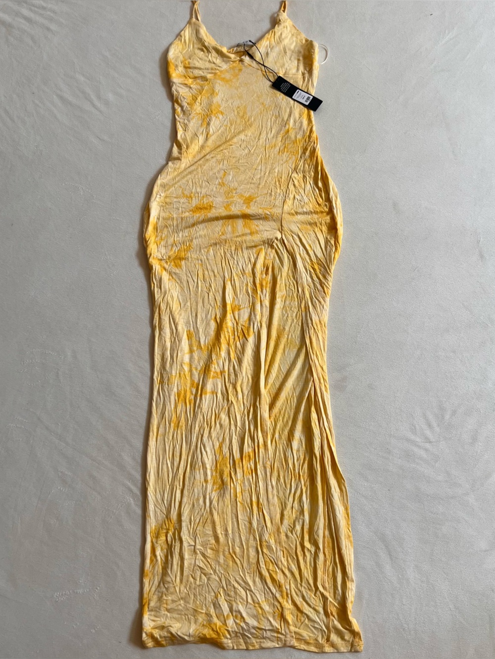 Fashion Nova NWT Yellow Tie-Dye Maxi Slip Dress spaghetti strap flowy fairy
